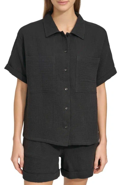 Andrew Marc Sport Gauze Camp Shirt In Black