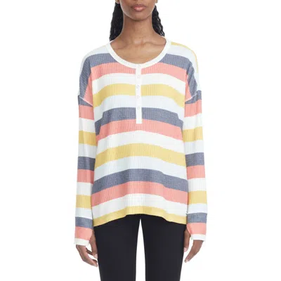 Andrew Marc Stripe Long Sleeve Waffle Knit High-low Top In Glow
