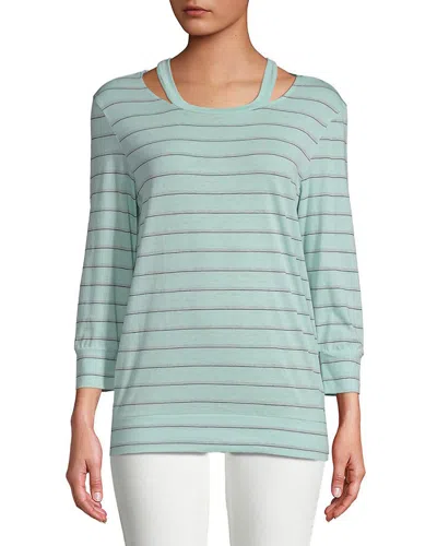 Andrew Marc Striped Three-quarter Sleeve Top In Green