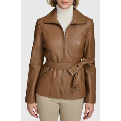 Andrew Marc Tatum Belted Leather Jacket In Cognac
