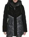 Andrew Marc Velvet Panel Hooded Puffer Jacket In Black