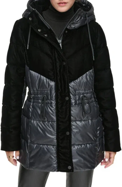 ANDREW MARC ANDREW MARC VELVET PANEL HOODED PUFFER JACKET