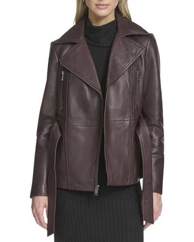 Andrew Marc Violet Belted Leather Moto Jacket In Brown