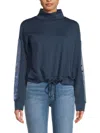 Andrew Marc Women's Drawstring Satin-trim Mock Turtleneck Top In Blue