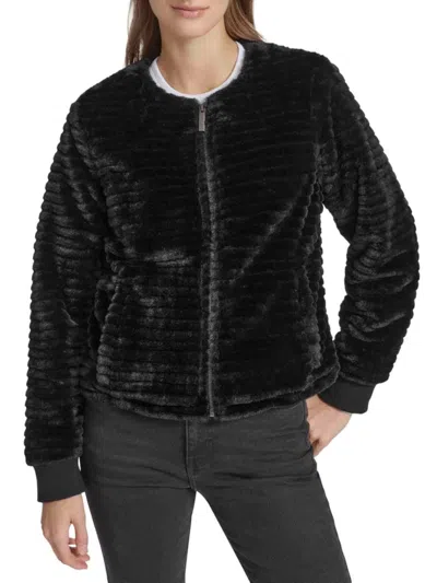 Andrew Marc Women's Faux-mink Ribbed Collarless Jacket In Black