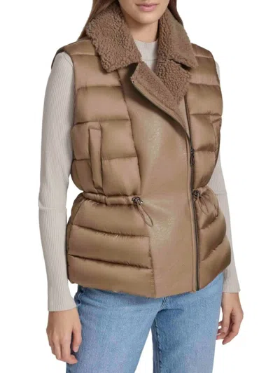 Andrew Marc Women's Faux-shearling Double-breasted Puffer Vest In Mushroom