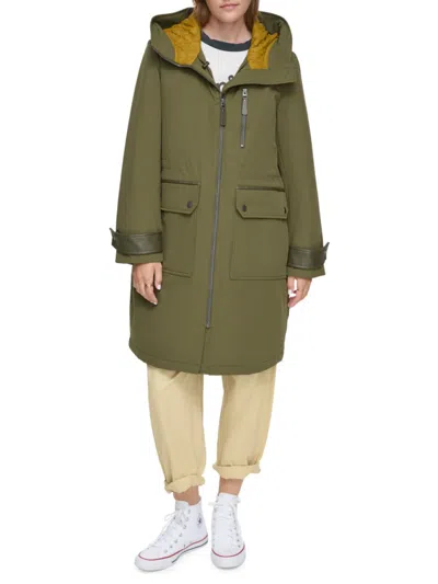 Andrew Marc Gemas Lightweight Parka Coat With Matte Shell And Faux Leather Details In Artichoke