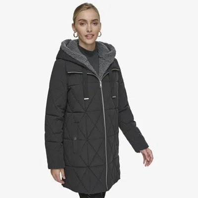 Andrew Marc Women's Islee Quilted Puffer With Popcorn Sherpa Trimming And Removable Hooded Bib