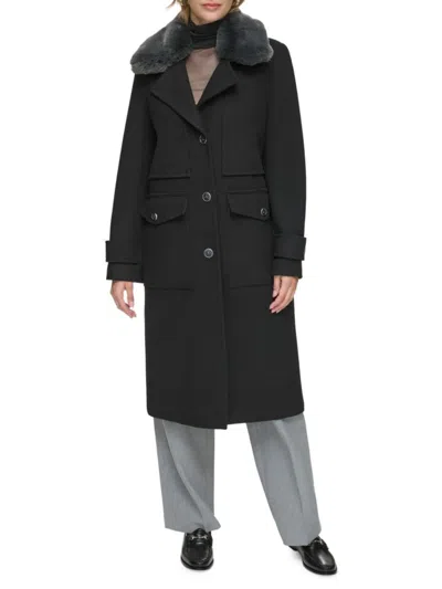 Andrew Marc Women's Olpae Faux Fur Collar Wool Blend Trench Coat In Black