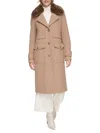 Andrew Marc Women's Olpae Faux Fur Collar Wool Blend Trench Coat In Camel