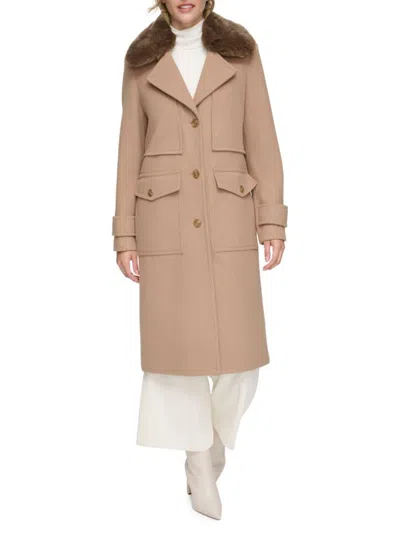 Andrew Marc Women's Olpae Faux Fur Collar Wool Blend Trench Coat In Camel