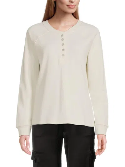 Andrew Marc Women's Raglan Sleeve Fleece Sweatshirt In Off White
