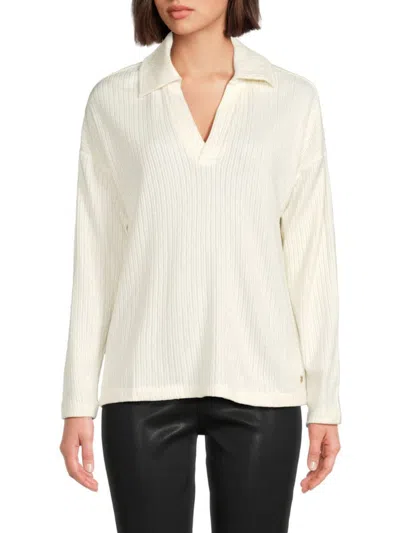 Andrew Marc Women's Ribbed Polo Top In Cream