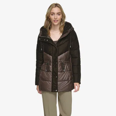 Andrew Marc Women's Varna Velvet Mixed Quilted Puffer Jacket Withn Attached Hood