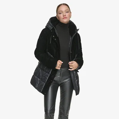 Andrew Marc Women's Varna Velvet Mixed Quilted Puffer Jacket Withn Attached Hood