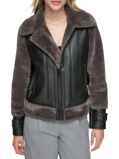 Andrew Marc Women's Vellica Faux Shearling & Faux Leather Biker Jacket In Pepper Corn