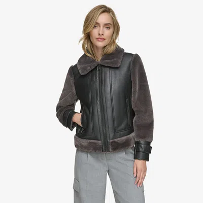 Andrew Marc Women's Vellica Pebbled Faux Shearling Moto Jacket