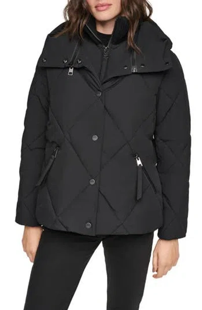 Andrew Marc Wren Diamond Quilted Hooded Puffer Coat In Black