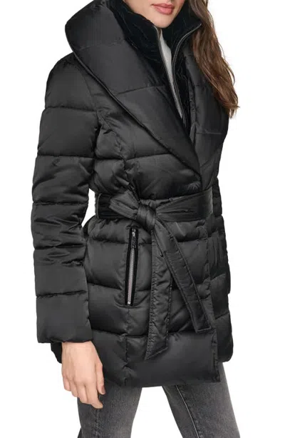 Andrew Marc Zamora Shawl Collar Belted Puffer Coat In Black