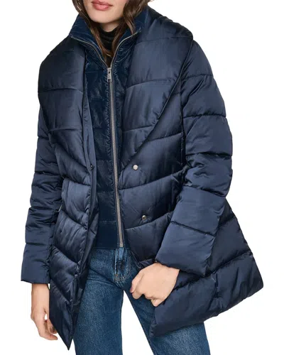 Andrew Marc Zamora Shawl Collar Belted Puffer Coat In Blue