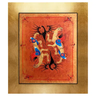 Pre-owned Andrew Ryabov Oil On Canvas Contemporary Painting In Wooden Frame 24k Gold Leaf 'time Fighter' In Brown