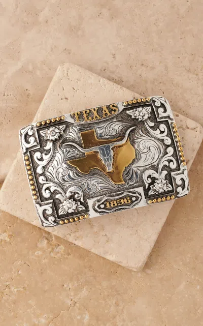 Andwest Etched Silver Longhorn Skull Filigree Gold Texas Belt Buckle