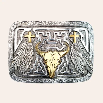 Andwest Gold & Silver Skull With Crosses And Feathers Belt Buckle