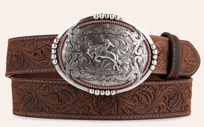 Andwest Men's Brown Tooled With Silver Bronc Rider Buckle Western Belt In Multi