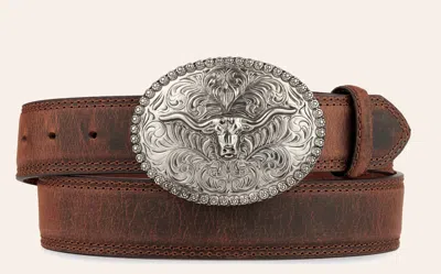 Andwest Men's Brown With Silver Longhorn Buckle Western Belt