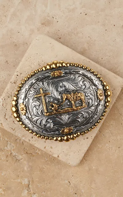 Andwest Men's Oval Silver And Gold Praying Cowboy With Beaded Edge Belt Buckle In Metallic