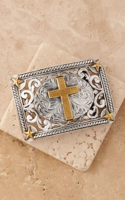 Andwest Men's Rectangle Gold And Silver Filigree Cross And Stars Belt Buckle