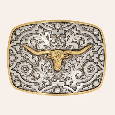 Andwest Silver & Gold Longhorn Etched Beaded Belt Buckle