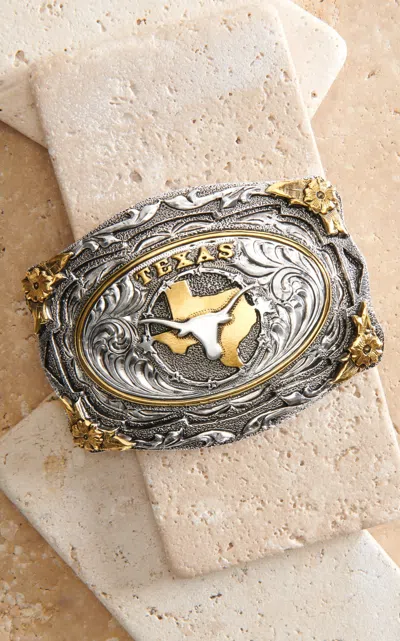Andwest Silver And Gold Texas Longhorn With Floral Frame Belt Buckle