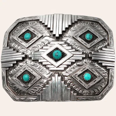 Andwest Silver & Turquoise Concho Etched Aztec Belt Buckle
