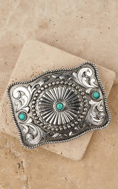 Andwest Silver With Turquoise Concho Accents Etched With Rope Edge Belt Buckle