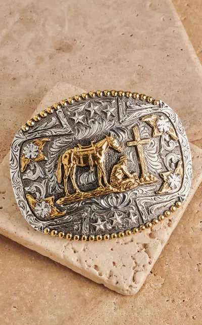 Andwest Two-tone Oval Praying Cowboy Belt Buckle In Silver