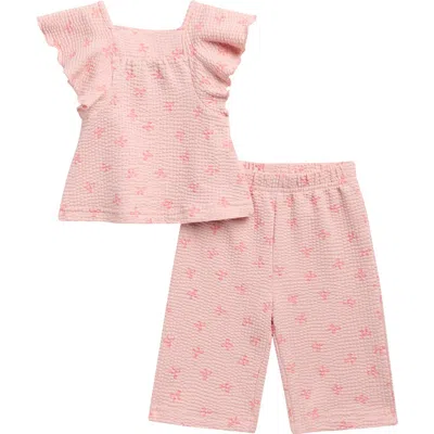 Andy & Evan Babies'  Bow Textured Seersucker Knit Flutter Sleeve Top & Wide Leg Pants Set In Pink
