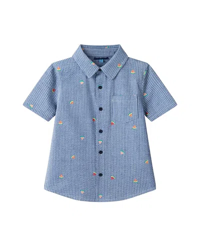 Andy & Evan Kids' Watermelon Print Short Sleeve Seersucker Button-up Shirt In Blue