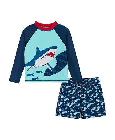Andy & Evan Boys' Shark Graphic Raglan Rash Guard And Boardshort Set - Little Kid, Big Kid In Navy