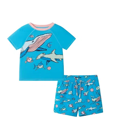 Andy & Evan Boys' Short Sleeve Aqua Deep Sea Rashguard Set - Little Kid In Blue