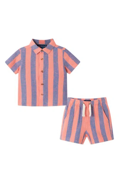 Andy & Evan Babies'  Stripe Button-up Shirt & Shorts Set In Coral/blue