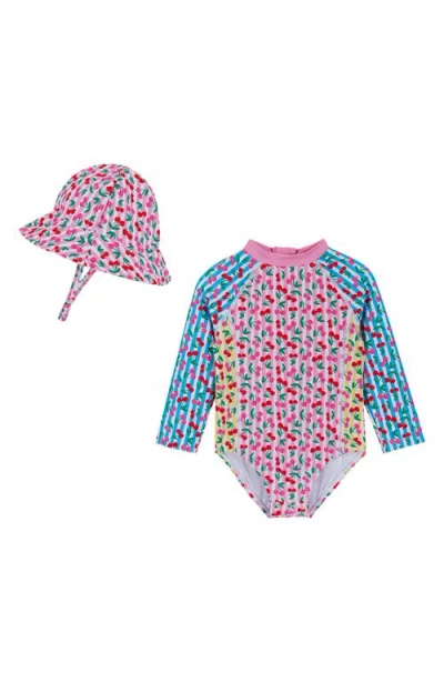 Andy & Evan Babies'  Cherry Stripe Long Sleeve One-piece Rashguard Swimsuit & Sun Hat Set In Multi