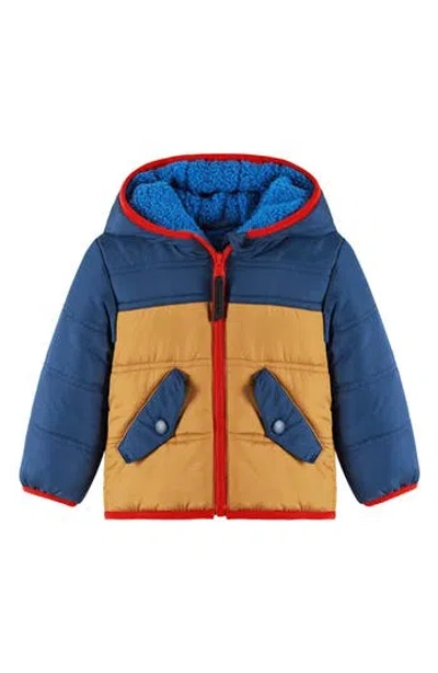 Andy & Evan Babies'  Colorblock Faux Shearling Lined Hooded Puffer Jacket In Blue