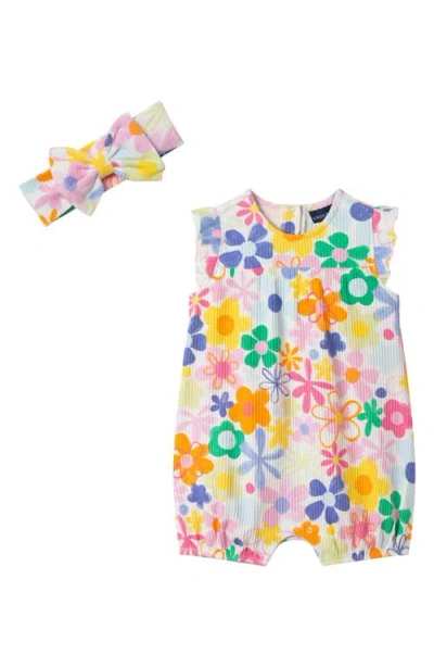 Andy & Evan Babies'  Floral Rib Stretch Cotton Bubble Romper & Bow Head Wrap Set In Multi