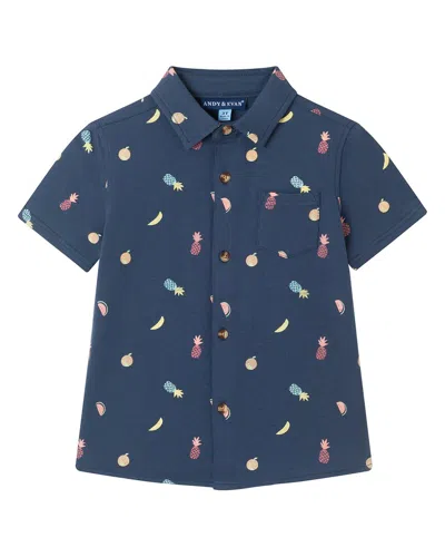 Andy & Evan Kids' Fruit Print Knit Button-down Shirt In Blue
