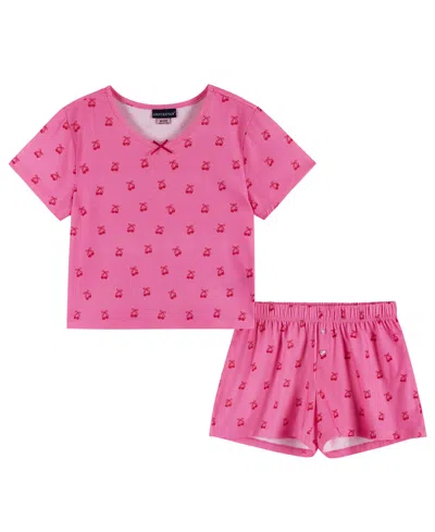 Andy & Evan Kids' Girls' 6-16 Rosette T-shirt And Shorts, 2-piece Pajama Set In Pink