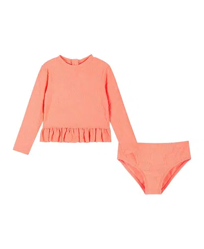 Andy & Evan Kids' Coral Terry Long-sleeve Rib Two-piece Swimsuit In Orange