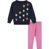 Andy & Evan Heart Intarsia Sweater & Leggings Set In Navy/pink