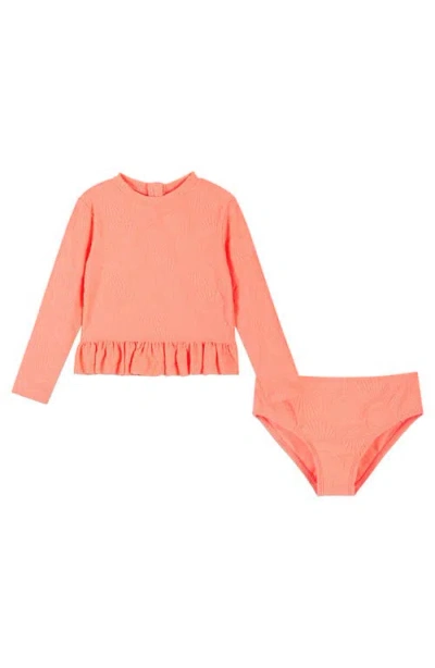 Andy & Evan Kids' Coral Terry Long-sleeve Rib Two-piece Swimsuit In Orange