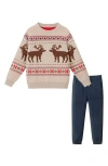 Andy & Evan Kids' Fair Isle Cotton Crewneck Sweater & Joggers Set In Multi